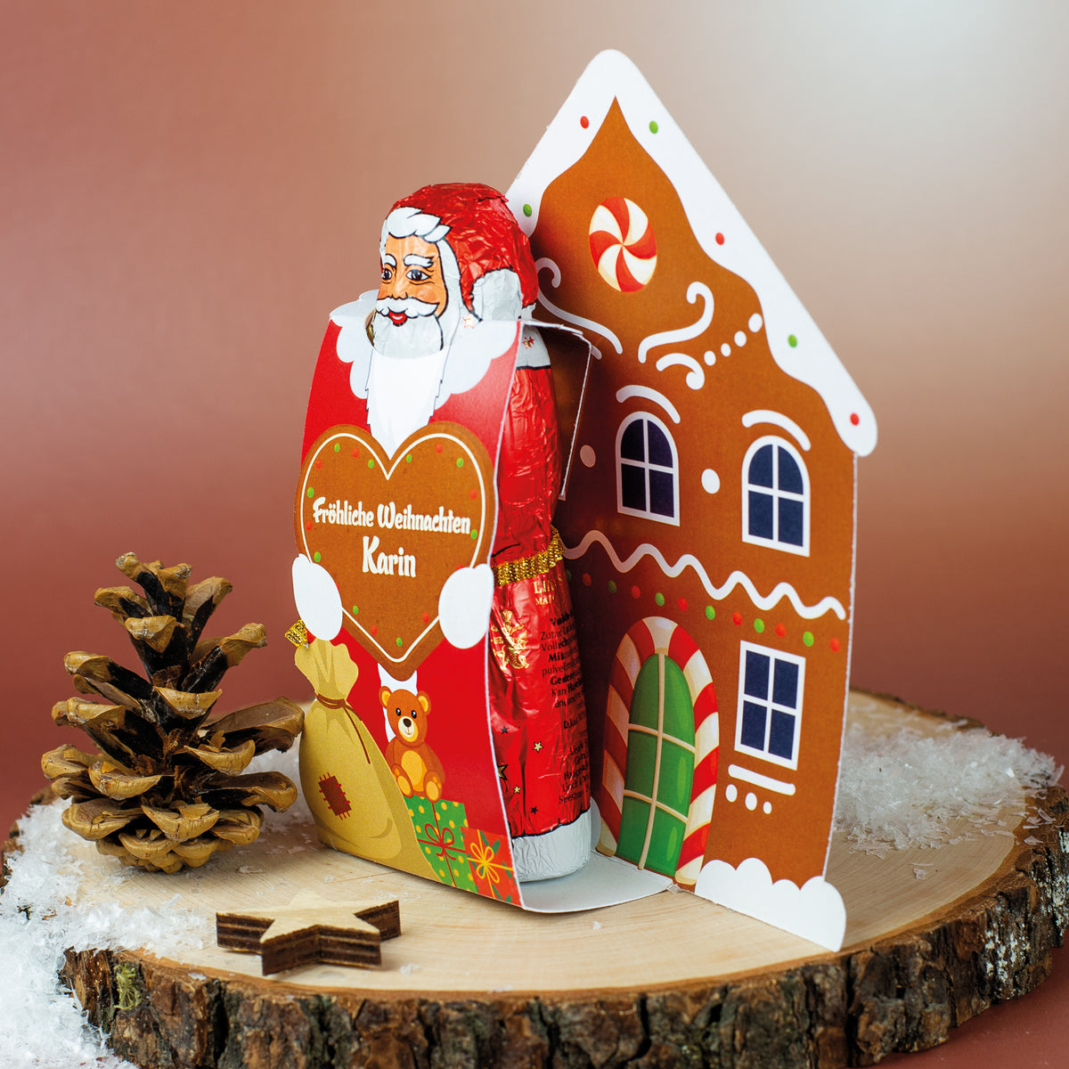 Lindt Weihnachtsmann mit Banderole mit "Fröhliche Weihnachten" und Name