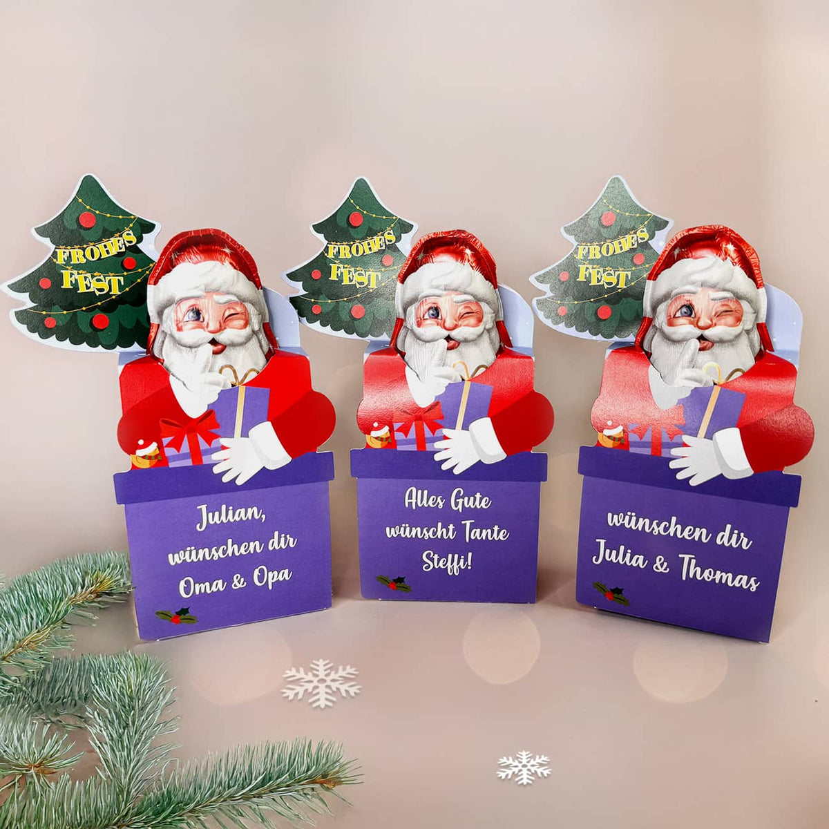 Frohes Fest - Milka Weihnachtsmann in Geschenkverpackung mit Ihrem Wunschtext