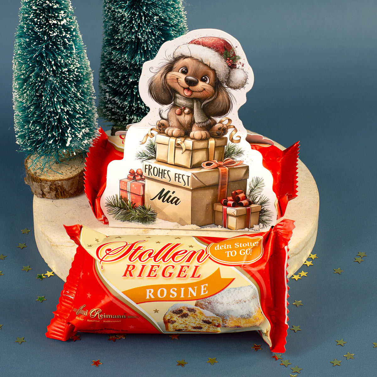 Mini Stollen mit Dackel Weihnachtsmotiv, Name Mia und Stollenriegel von Emil Reimann