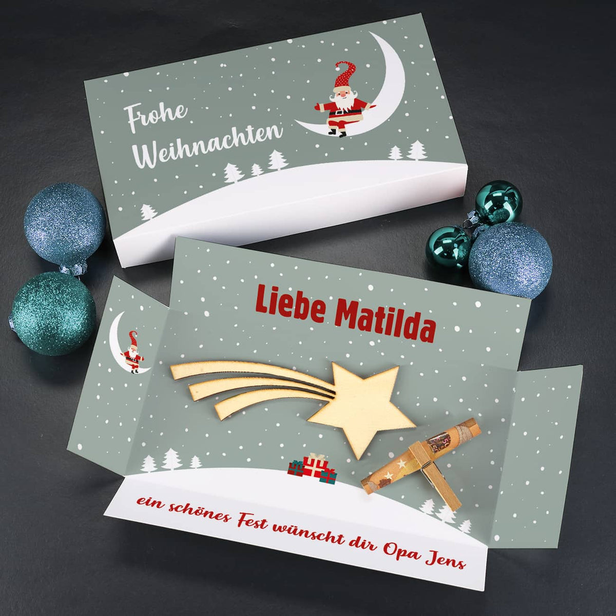 Verpackung für Geldgeschenke zu Weihnachten mit Holz-Sternschnuppe & Klammer