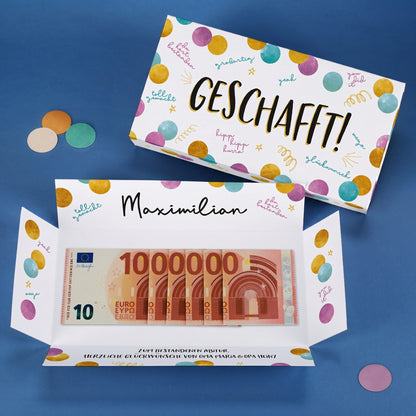 Geschafft! - Überraschungsbox für Geldgeschenke zum Abitur mit Name und Wunschtext