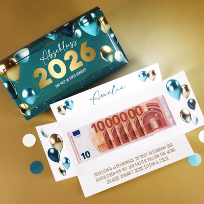 Geldgeschenk zum Abitur 2026 - edle Box mit Goldprägung, Name & Wunschtext