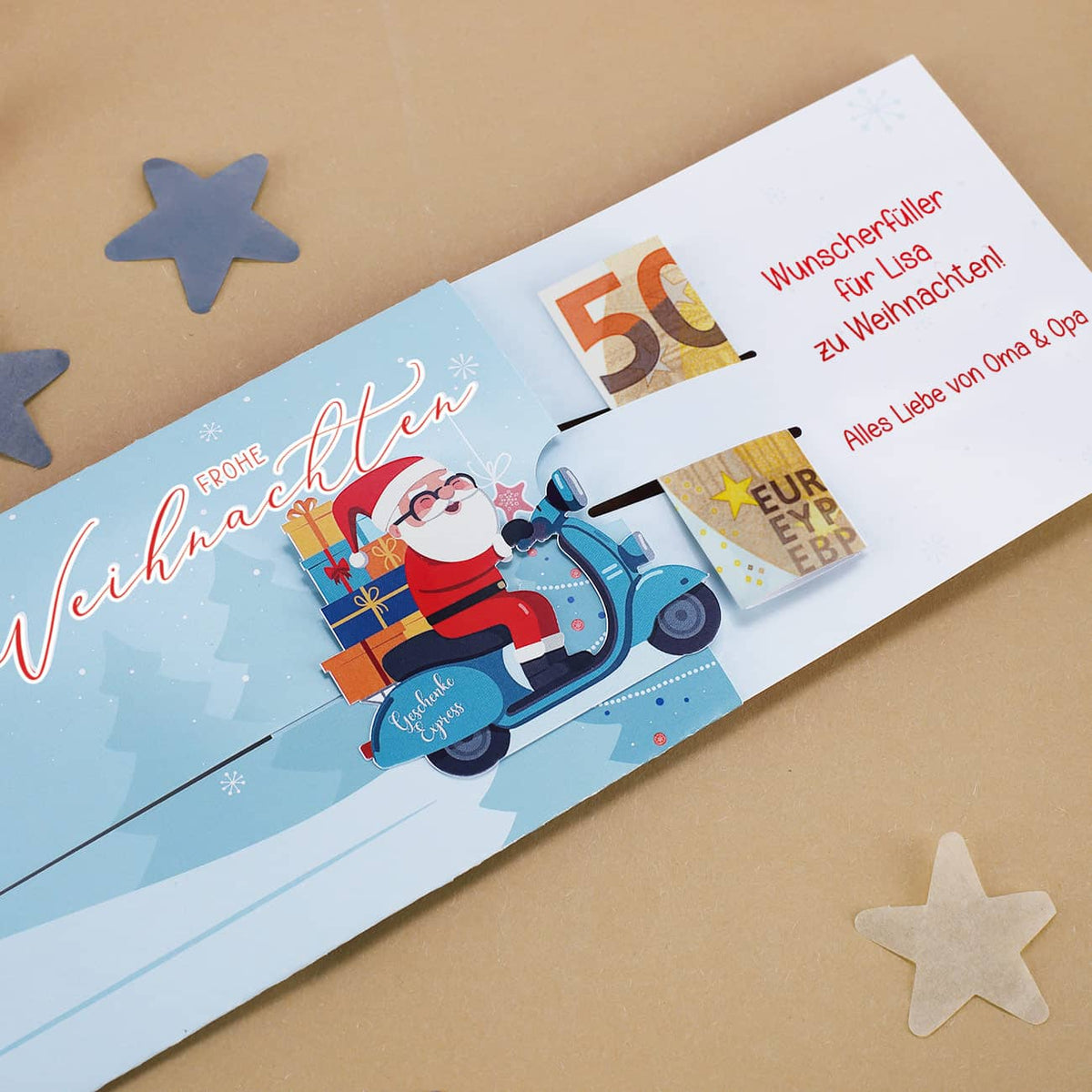 Ziehkarte mit Weihnachtsmann - für Ihre Geldgeschenke zu Weihnachten