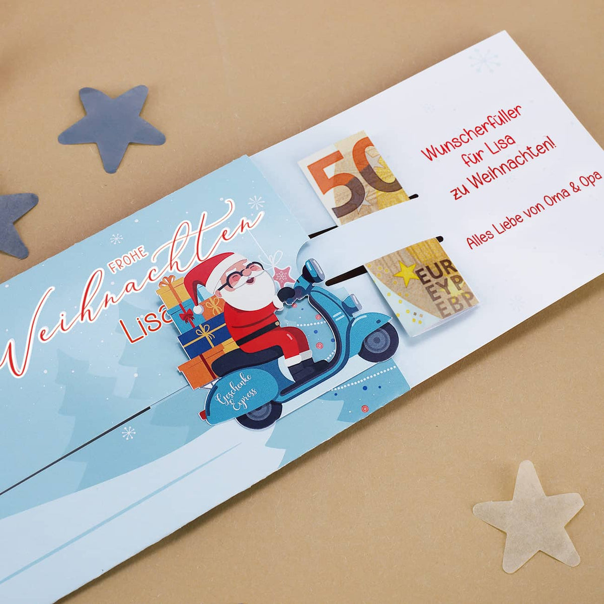 Ziehkarte mit Weihnachtsmann - für Ihre Geldgeschenke zu Weihnachten