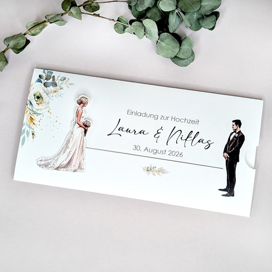 Hochzeitseinladung - Ziehkarte mit Brautpaar und Blumen (Motiv 1)
