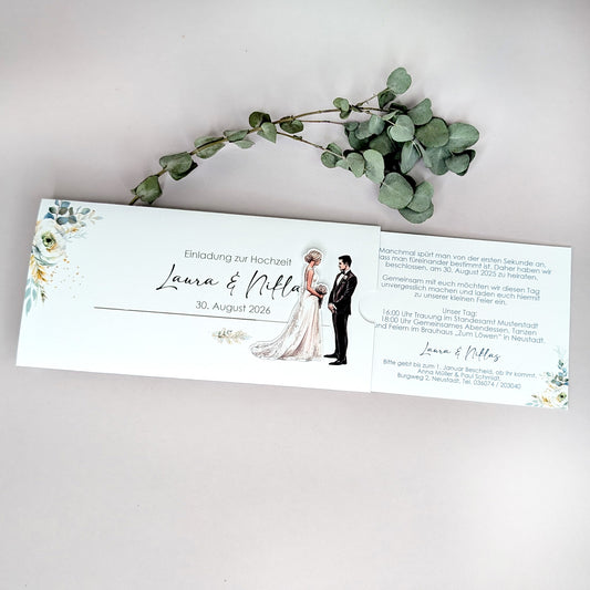 Einladung zur Hochzeit - Ziehkarte mit Brautpaar und Blumen (Motiv 1)