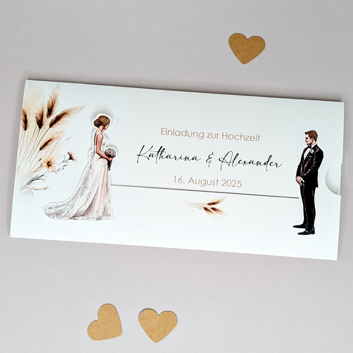 Hochzeitseinladung - Ziehkarte mit Brautpaar und Pampasgras (Motiv 7)