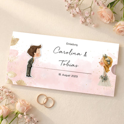 Ziehkarte Hochzeitseinladung mit Brautpaar Kussmotiv, Karte geschlossen im DIN lang Format