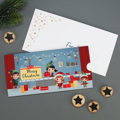 Geldgeschenk zu Weihnachten - Ziehkarte mit Wichtelwerkstatt & Wunschtext