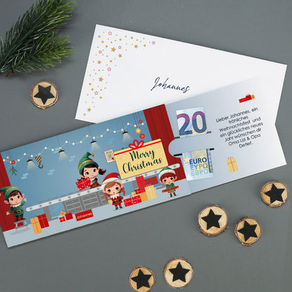 Ziehkarte mit Wichtelwerkstatt & Name, Wunschtext - Geldgeschenk zu Weihnachten - 