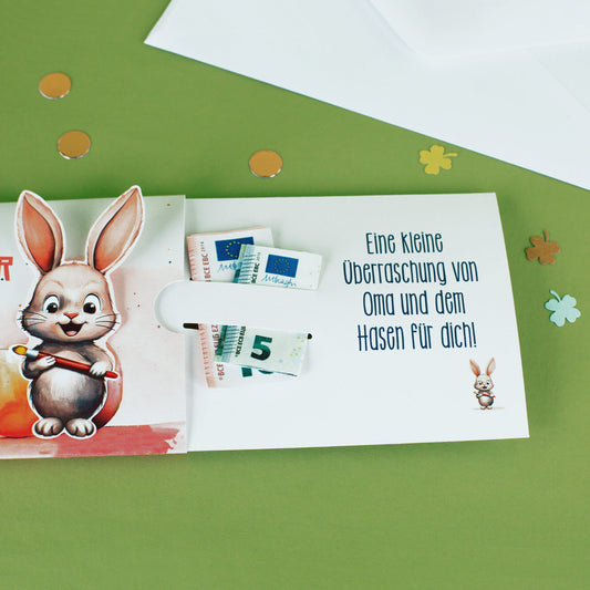 Geldgeschenk zu Ostern - Ziehkarte mit niedlichem Hasen und Ihrem Text