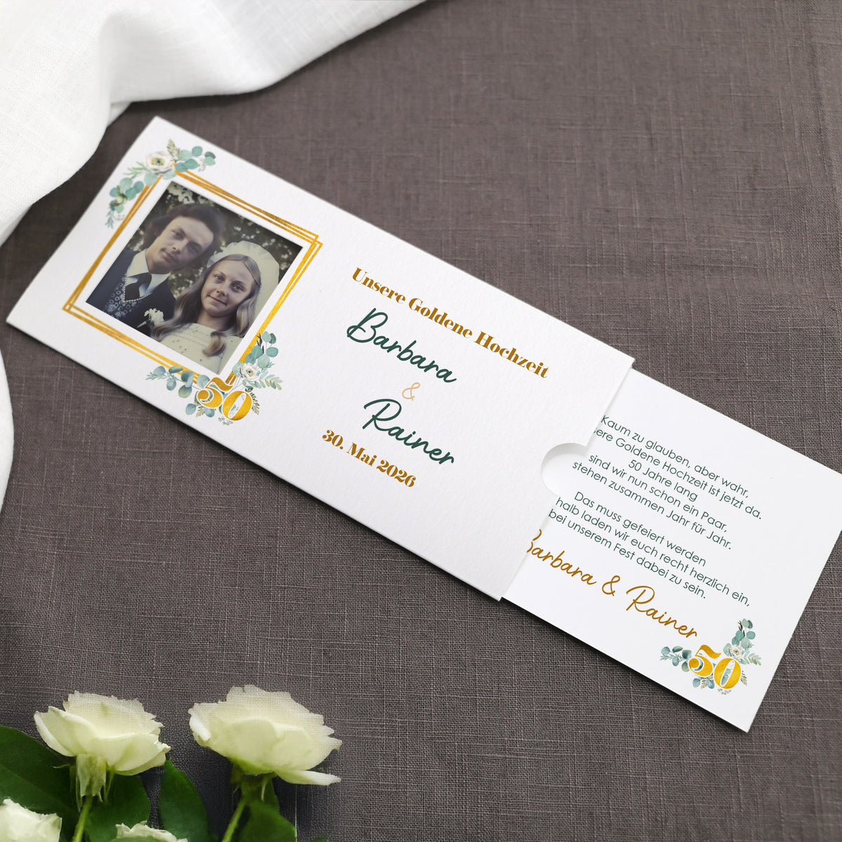 Hochzeitseinladung - Ziehkarte mit zwei Fotos zur Goldhochzeit mit Wunschdaten