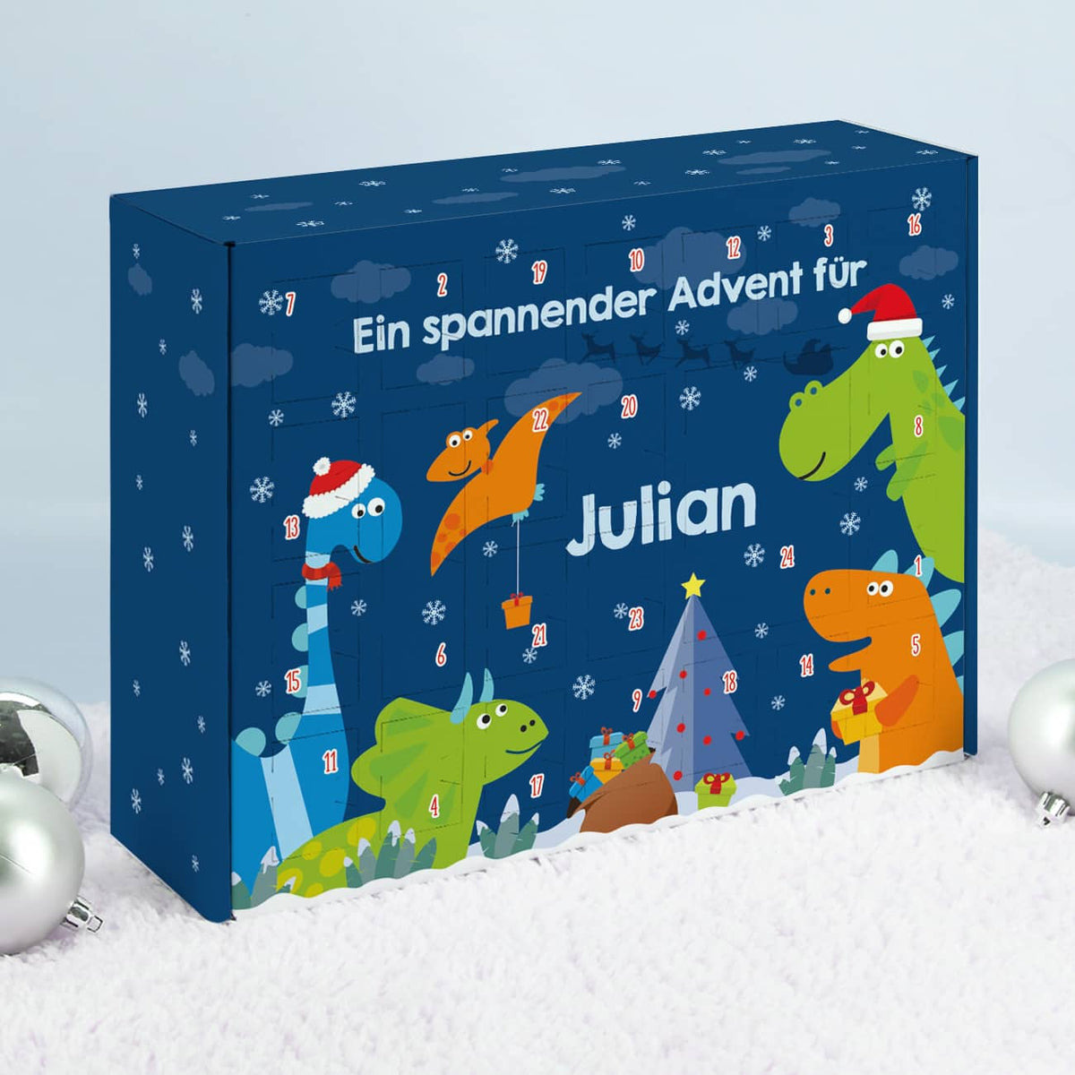 Dinosaurier - Adventskalender zum Befüllen mit Wunschtext und Name bedruckt