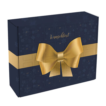Adventskalender in blau mit goldener Schleife