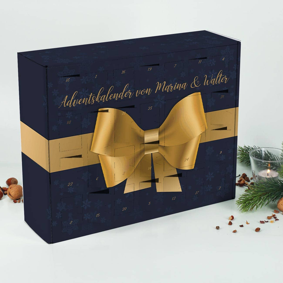 Adventskalender mit großer Schleife und Ihrem Wunschtext