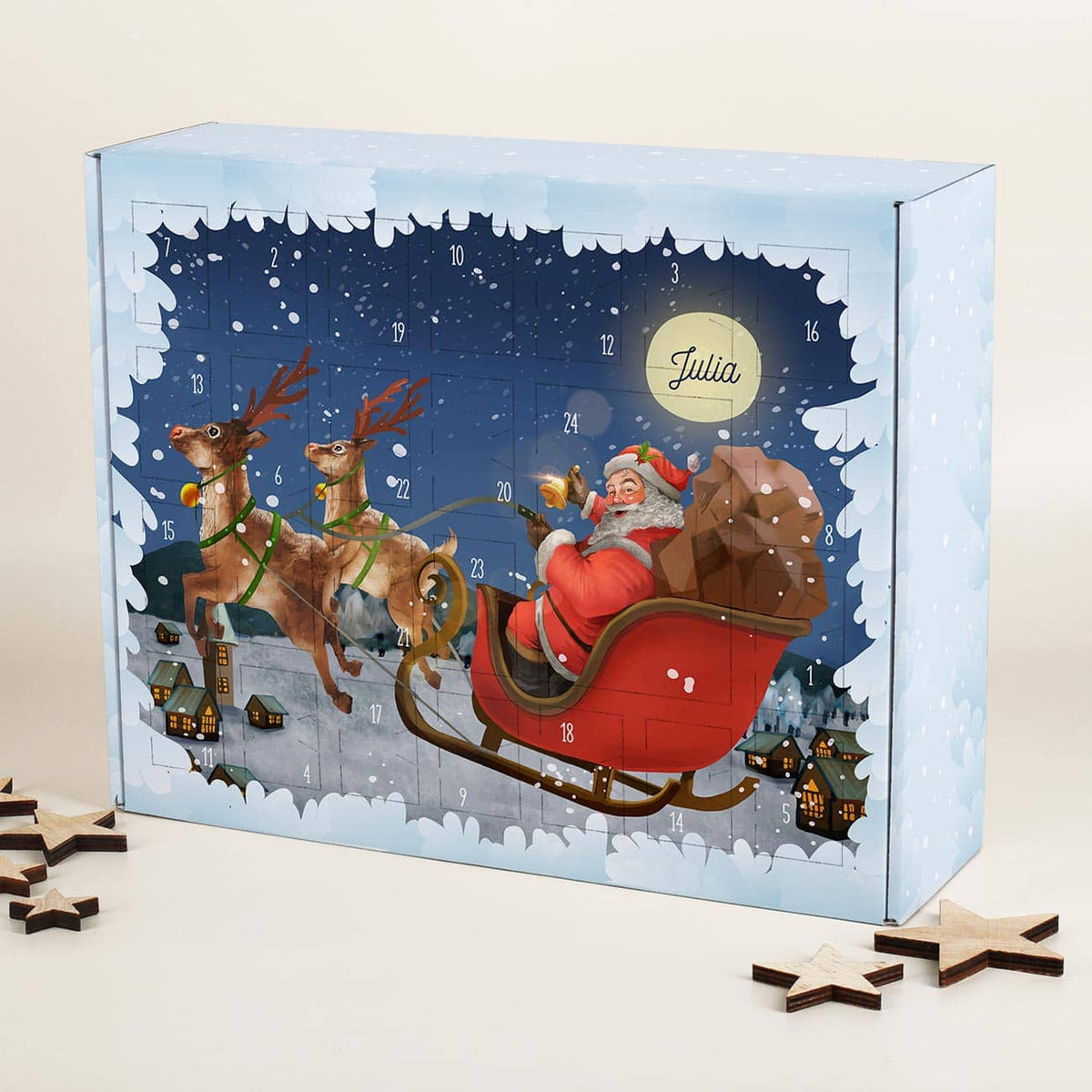 Nostalgie Weihnachtskalender mit Weihnachtsmann im Schlitten mit Rentieren