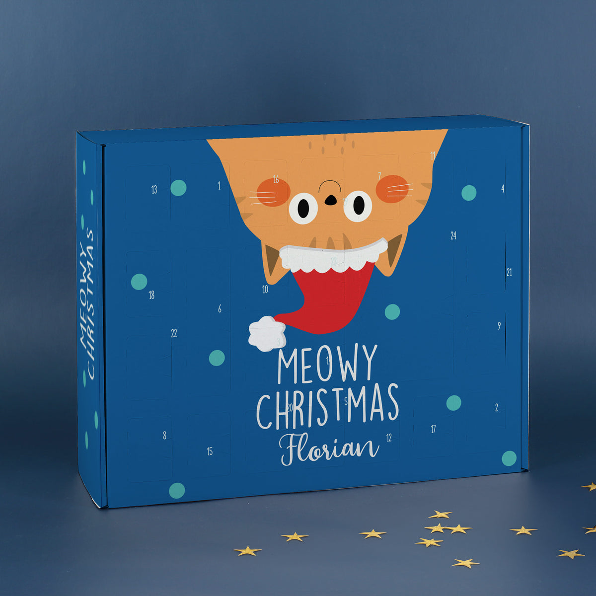 Adventskalender Meowy Christmas mit Katzenmotiv und Name Florian auf blauem Hintergrund