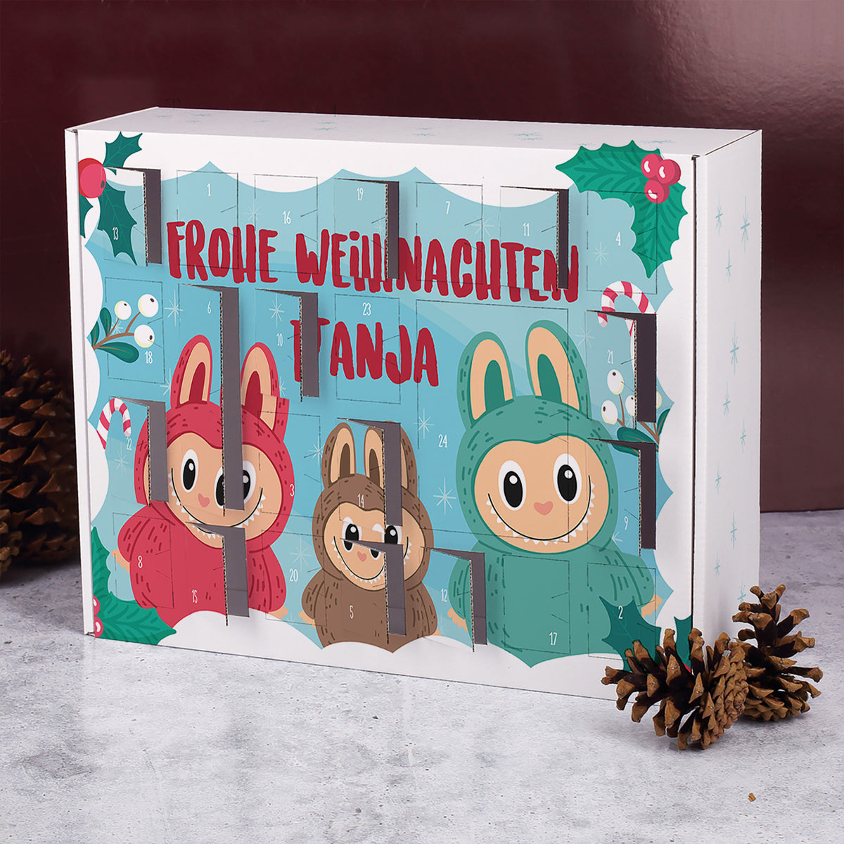 DIY Adventskalender mit Monsterdesign, Frohe Weihnachten und Wunschnamen