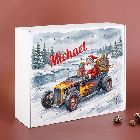 DIY Adventskalender mit Name Michael personalisiert und Weihnachtsmann im Hot Rod zum Befüllen