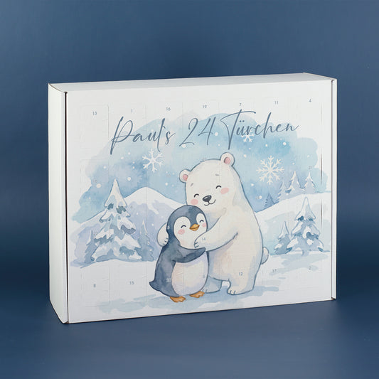 Adventskalender mit Eisbär und Pinguin Motiv und persönlichem Wunschtext zum Befüllen