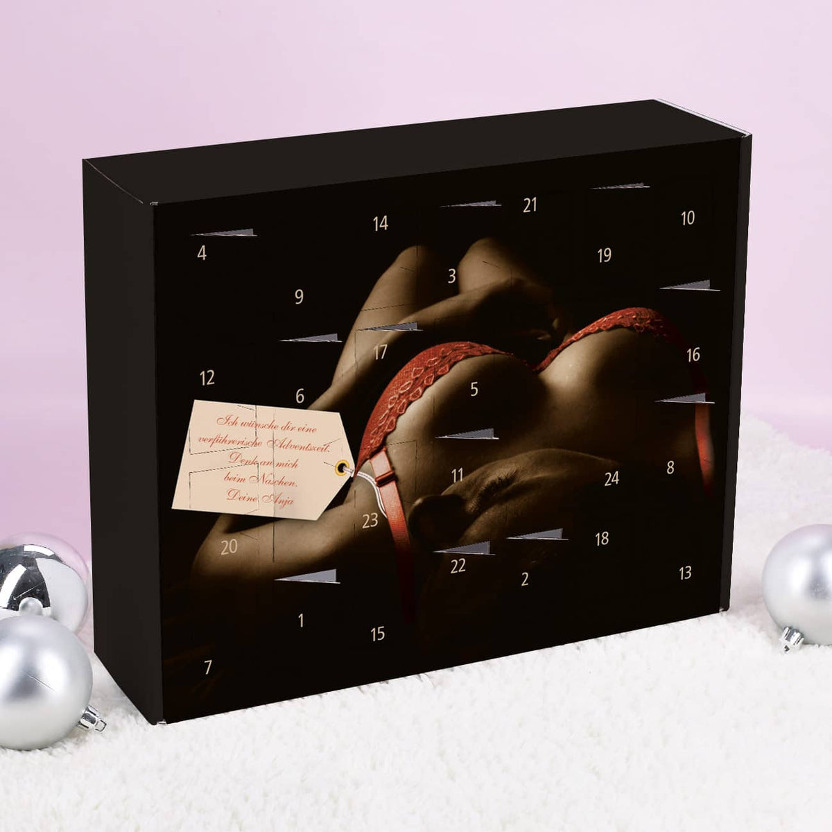 sexy Adventskalender bedruckt mit halbnackter liegender Frau und Wunschtext kann selbst befüllt werden