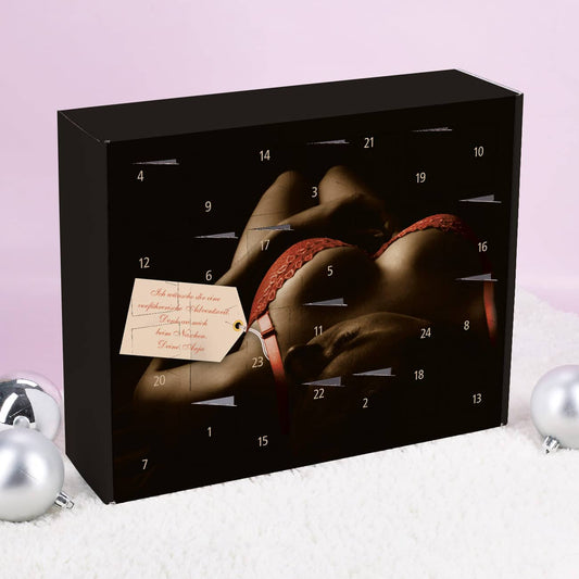 sexy Adventskalender bedruckt mit halbnackter liegender Frau und Wunschtext kann selbst befüllt werden