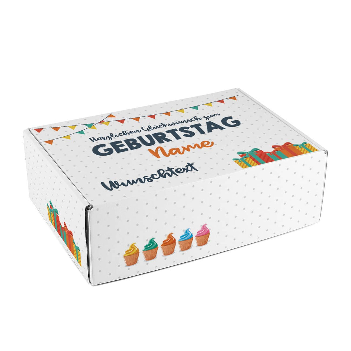 Bunte Geschenkverpackung zum Geburtstag mit Name und Wunschtext