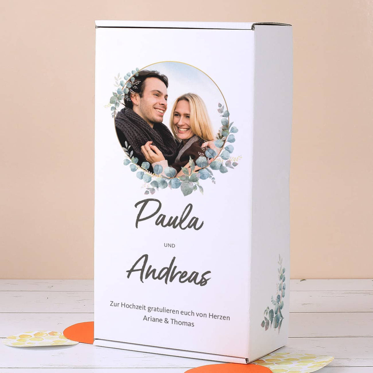 Hochzeits-Geschenkverpackung mit Eukalyptusmotiv, Foto, Name & Wunschtext