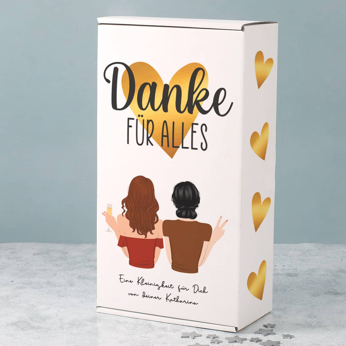 Geschenkverpackung aus Karton mit rundum personalisiertem Motiv