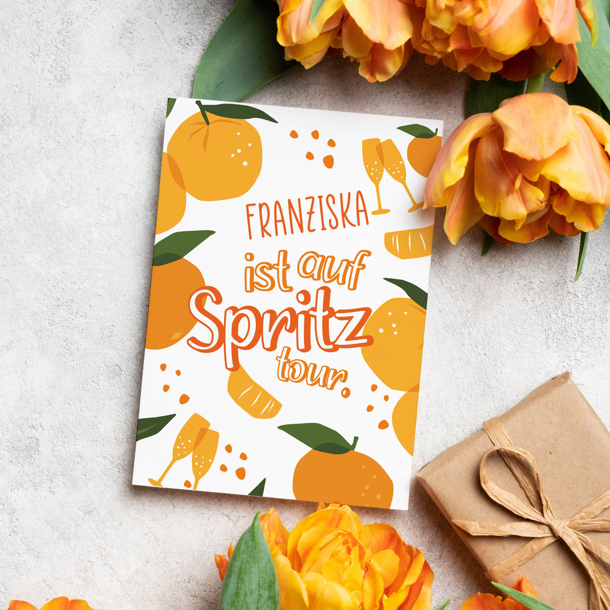Personalisierte Geburtstagskarte Spritz Tour mit Orangenmotiv und Name Vorderseite