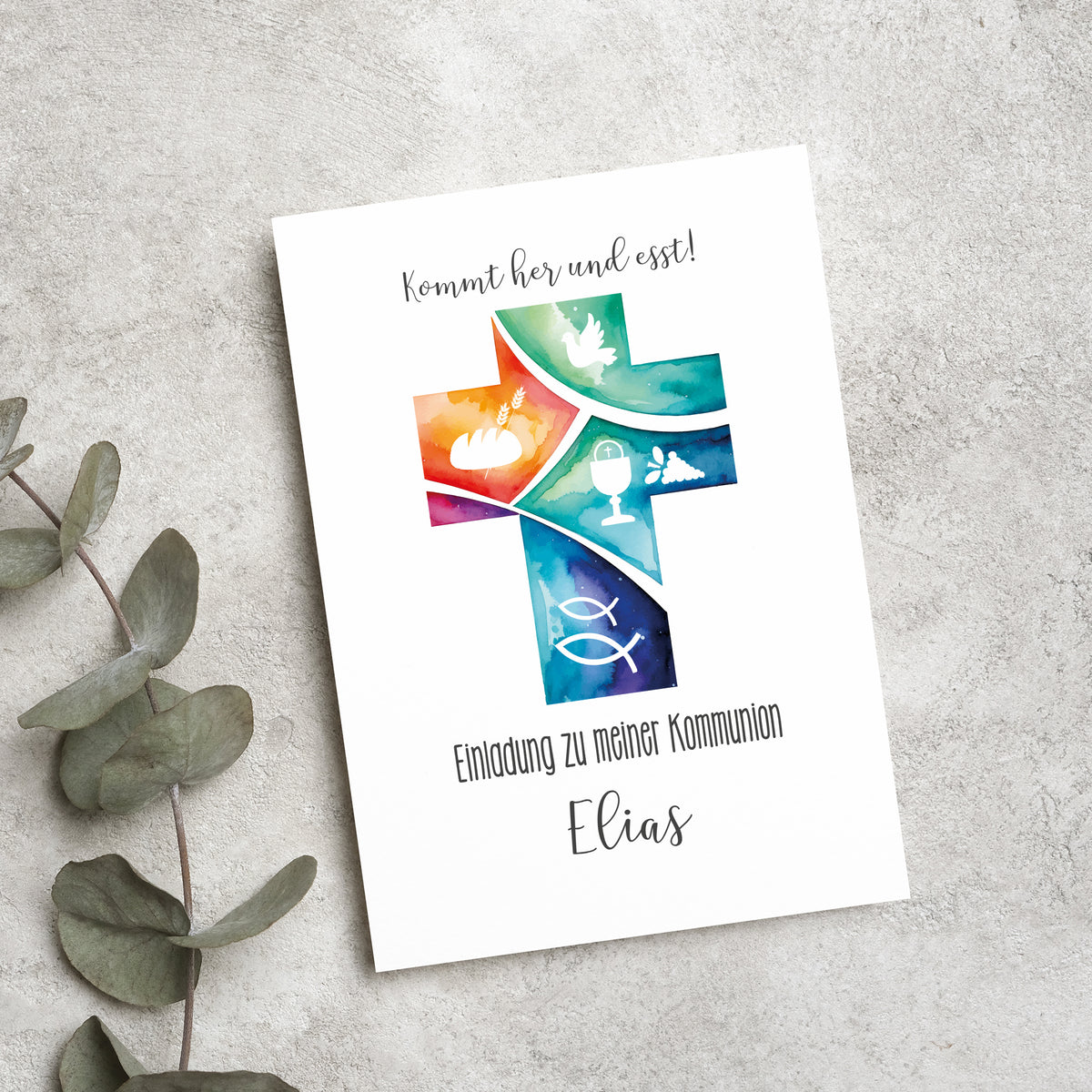 Einladungskarte zur Konfirmation & Kommunion mit Foto und Wunschdaten | Kommt her und esst!