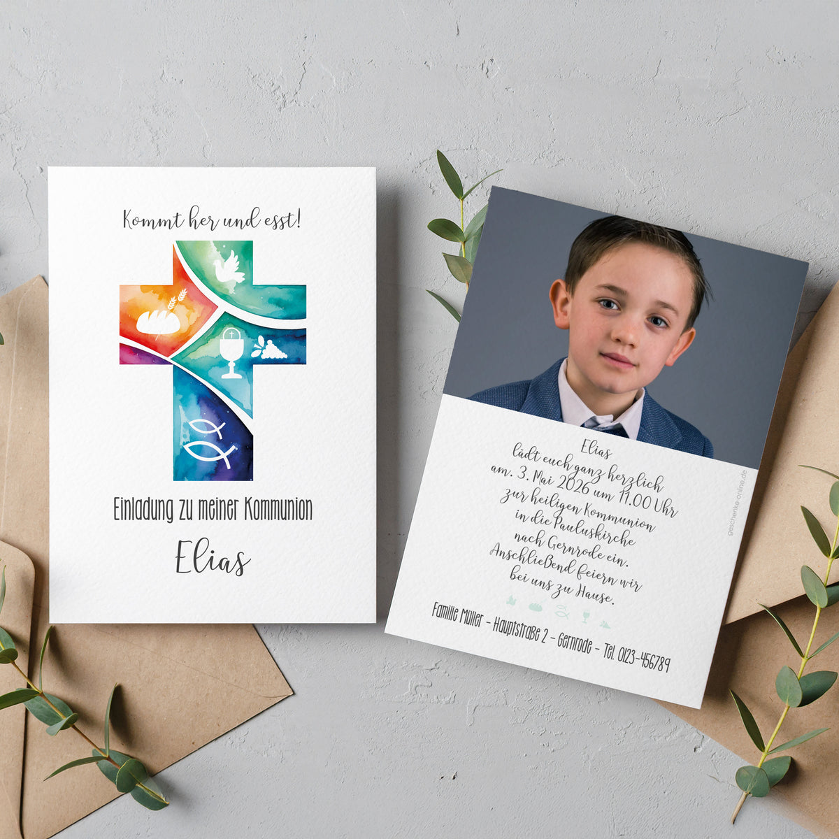 Einladungskarte zur Konfirmation & Kommunion mit Foto und Wunschdaten | Kommt her und esst!