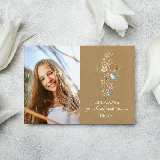 Einladungskarte zur Konfirmation, Kommunion, Taufe mit Foto & Wunschdaten | Blumenkreuz