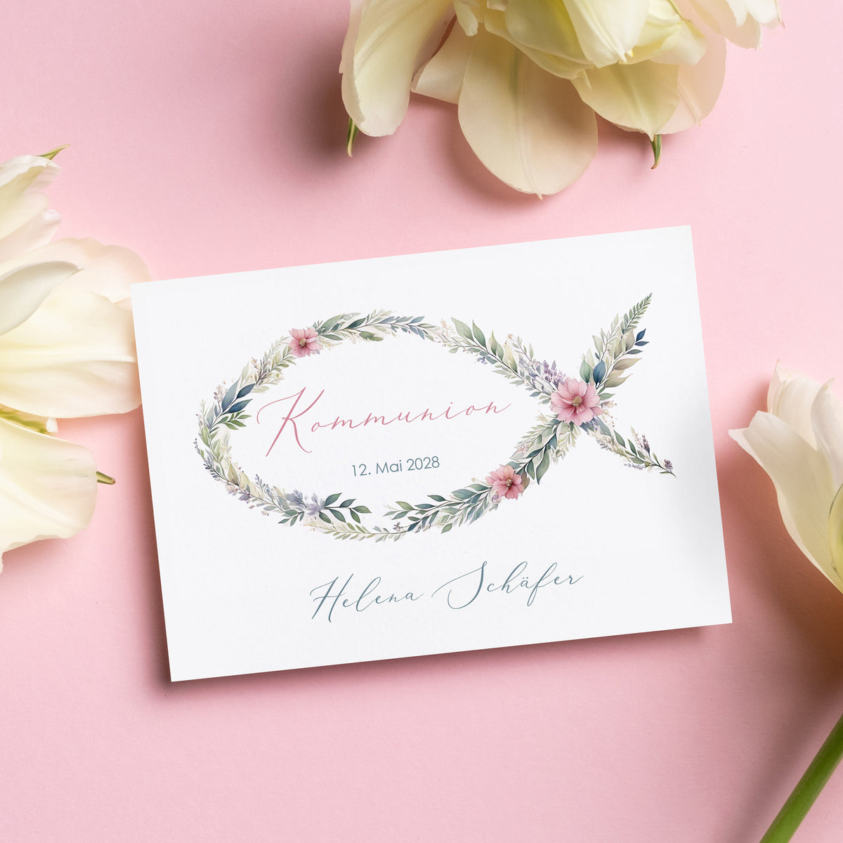 Einladungskarte zur Konfirmation, Kommunion, Taufe mit Wunschdaten | Blumen-Fisch Ichthys