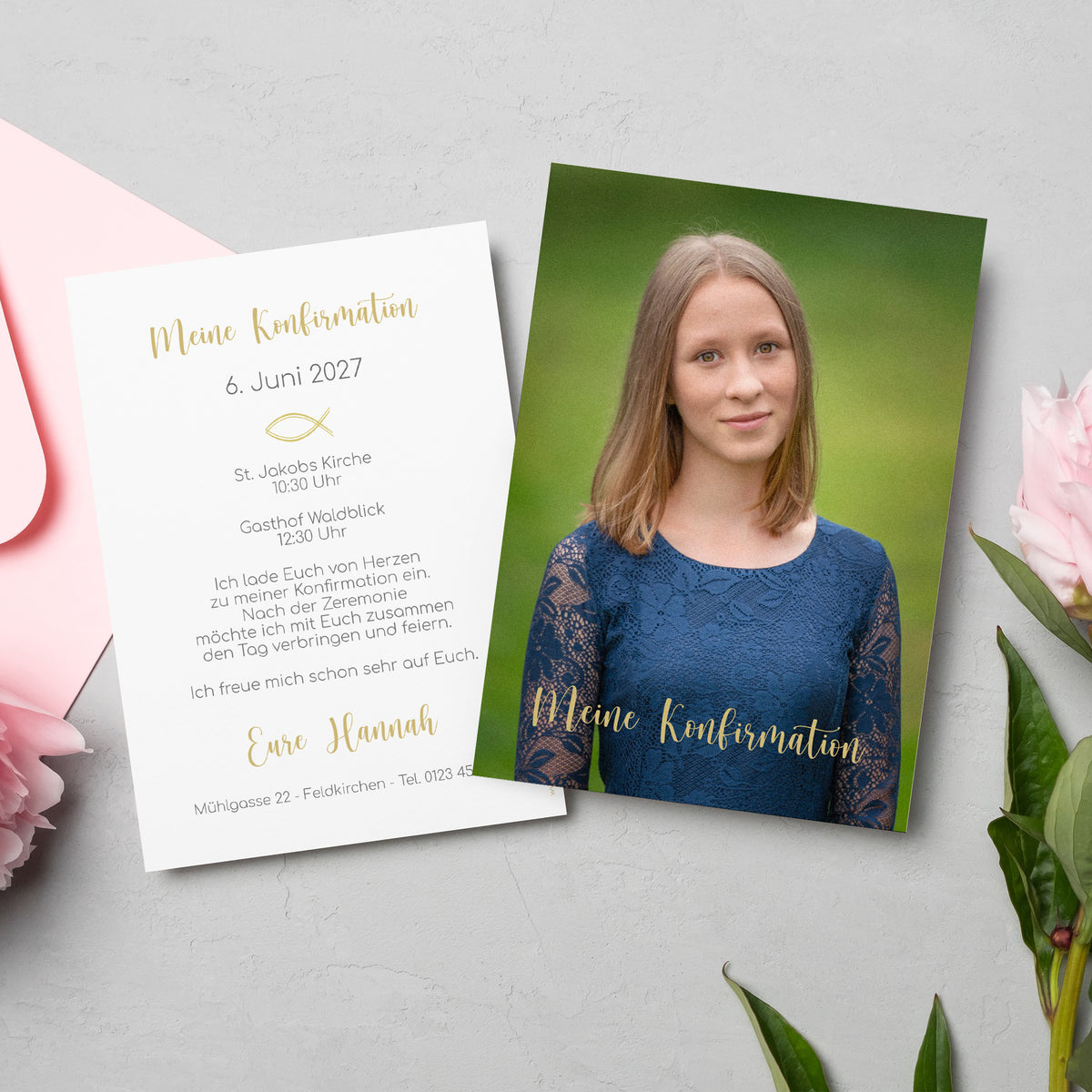 Einladungskarte zur Konfirmation, Kommunion, Taufe mit Foto & Wunschdaten | Danksagung
