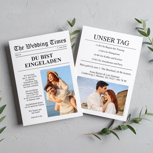 Zweiteilige Ansicht der personalisierten Hochzeitskarte im Zeitungslook mit Foto, Text und Infoseite „Unser Tag“