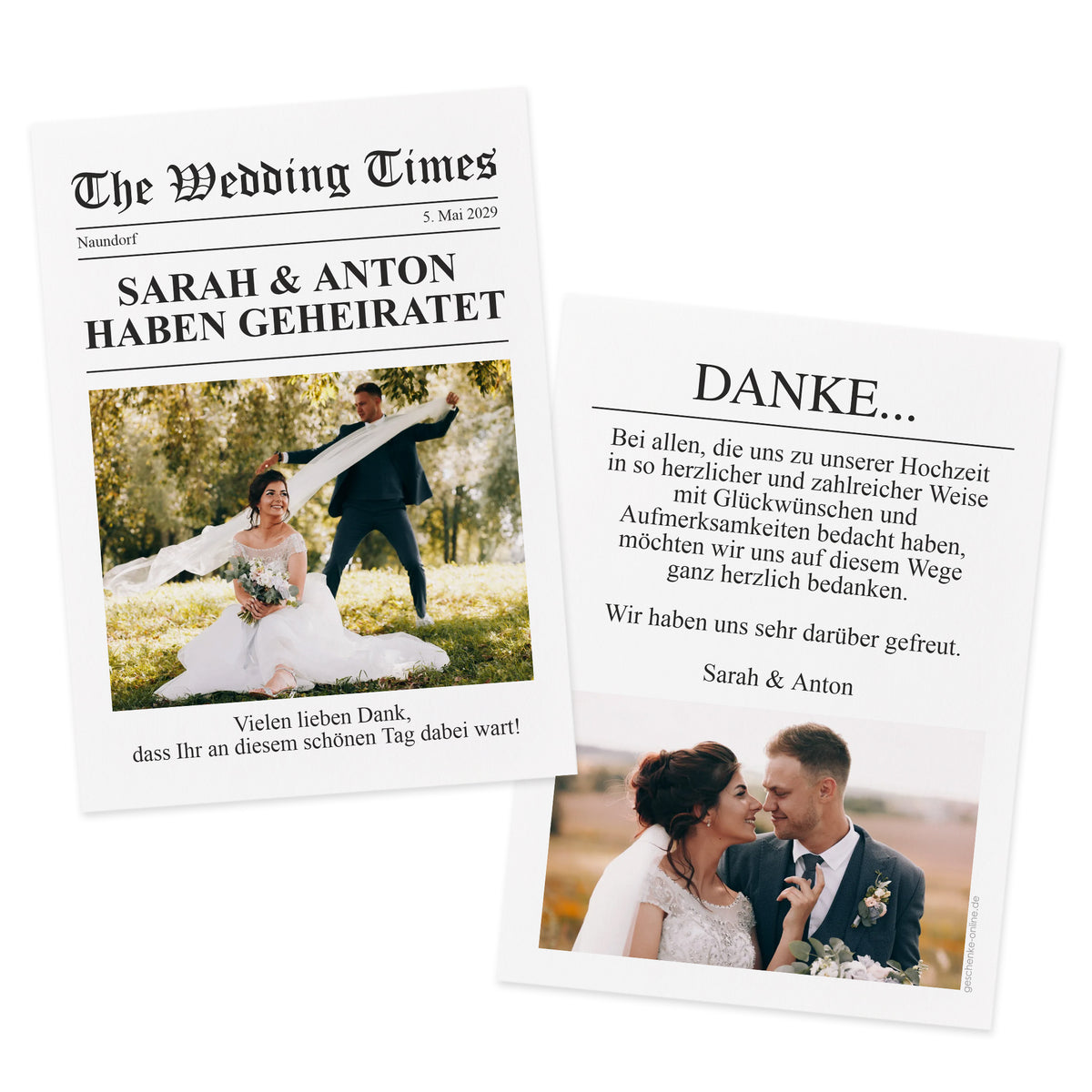 Set aus Danksagungskarte und Rückseite im Zeitungsstil „The Wedding Times“, beide Karten nebeneinander mit Foto und Dankestext als Hochzeits-Papeterie