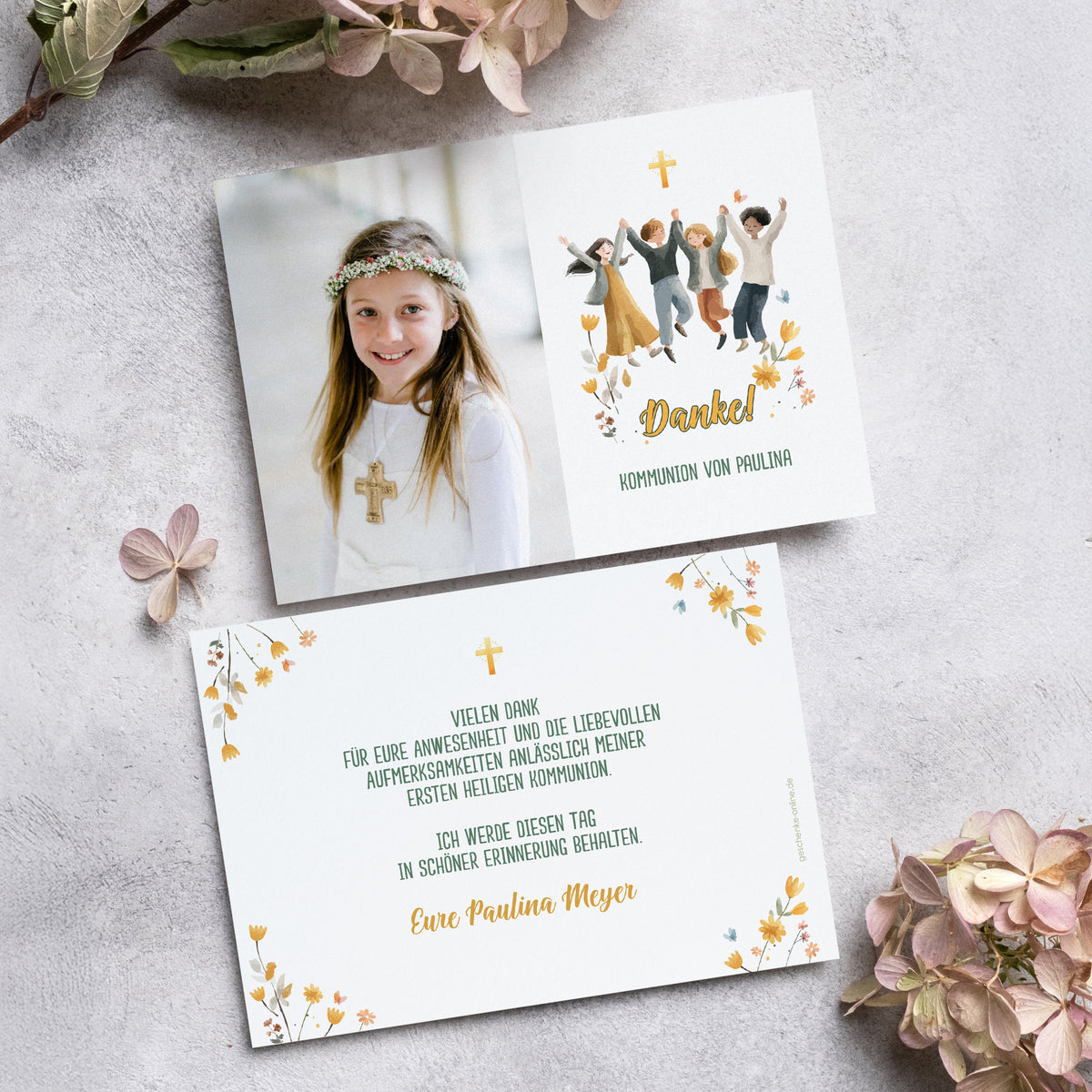 Danksagungskarte Kommunion mit Foto und Motiv „Ihr seid meine Freunde“ – Vorderseite mit Dankeschön und Name