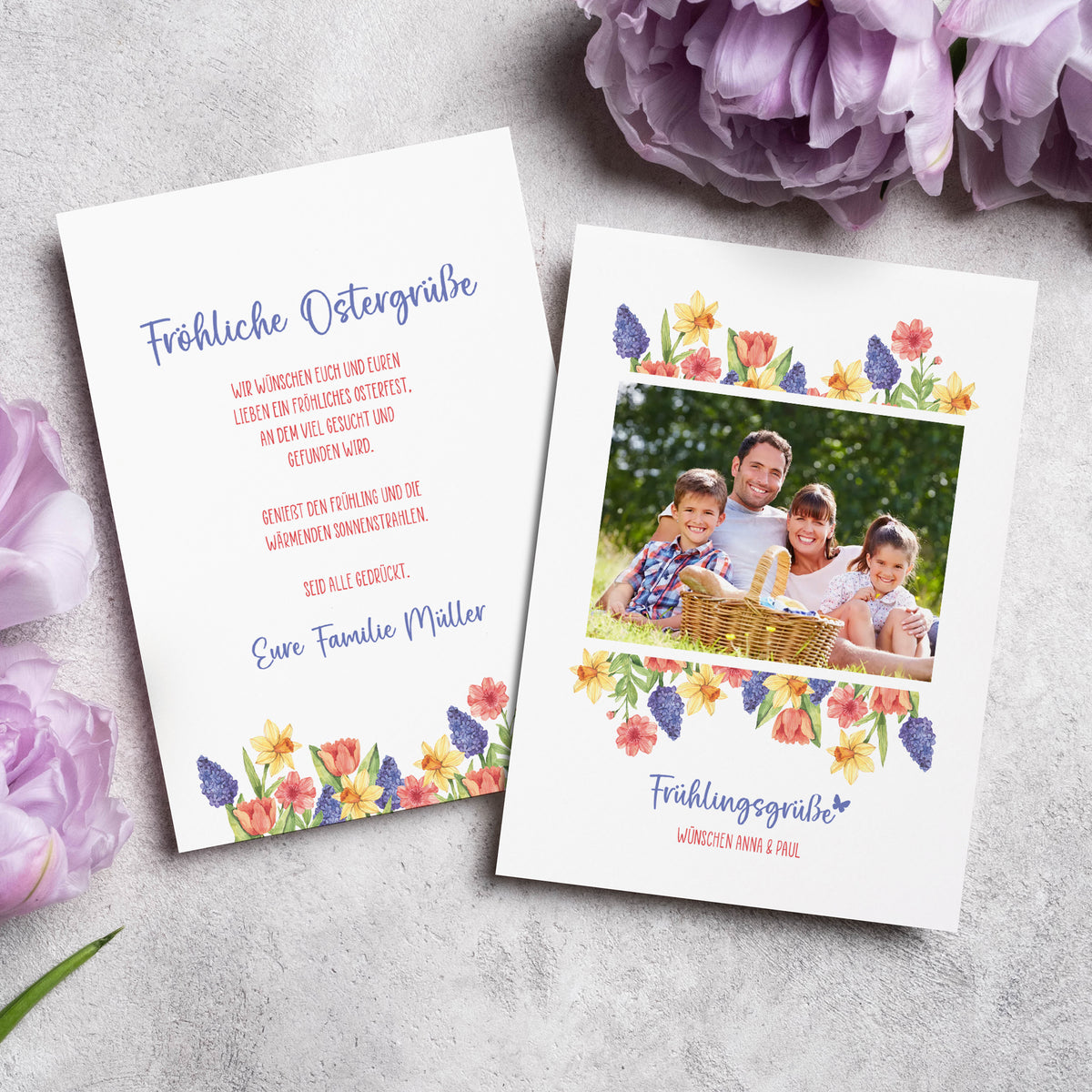 Vorder- und Rückseite der Osterkarte mit individuellem Foto und Wunschtext im Frühlingsdesign