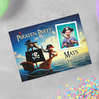Einladungskarte zum Kindergeburtstag mit Piratenmotiv und Foto