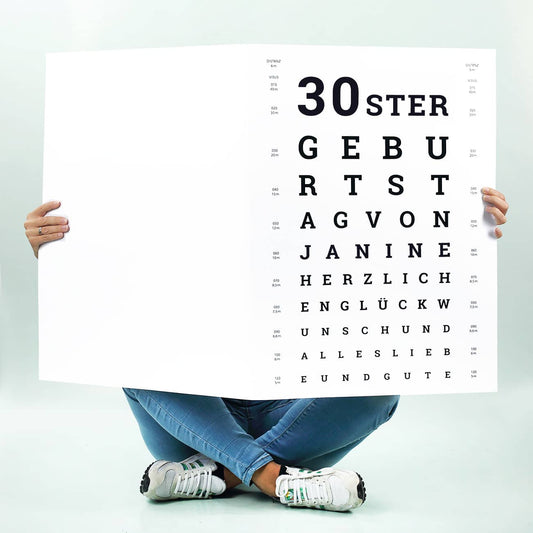XXL Geburtstagskarte Sehtest bedruckt mit Buchstaben Name und Alter