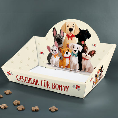 Personalisierter Geschenkkorb für Hunde mit Wunschtext und Hundemotiv