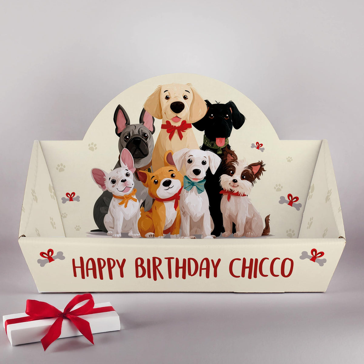 Geschenkkorb für Hunde mit individuellem Text auf der Vorderseite