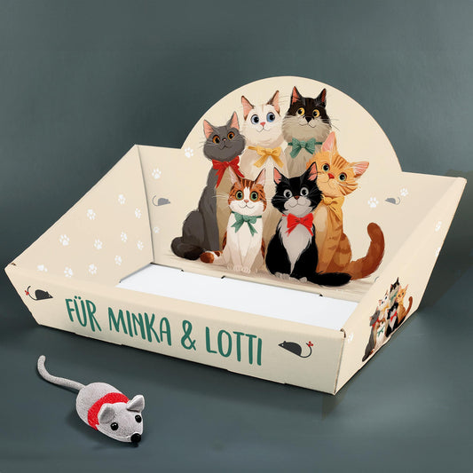 Geschenkkorb für Katzen mit mehreren Katzenillustrationen und personalisiertem Schriftzug