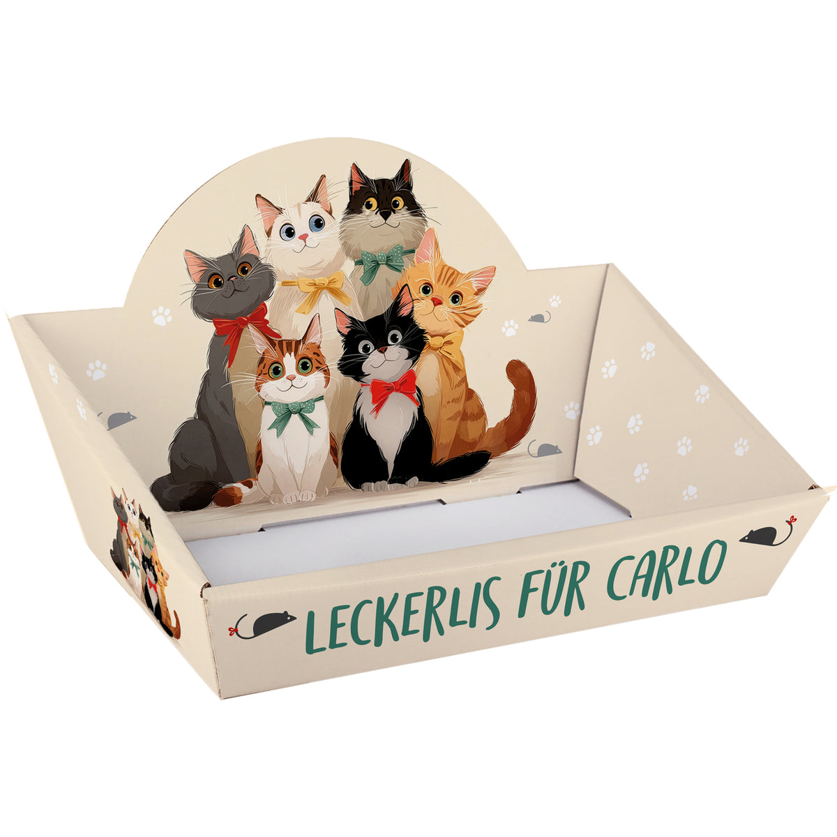 Präsentkorb für Katzen mit Wunschtext – dekorative Geschenkverpackung für Katzenfreunde