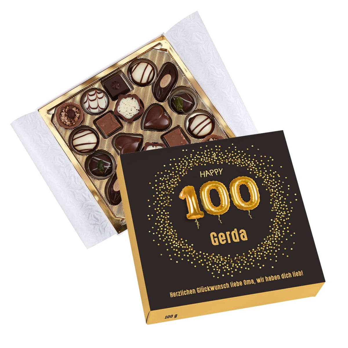 Pralinenschachtel - Happy 100 - mit Ballons, Konfetti, Name & Wunschtext bedruckt