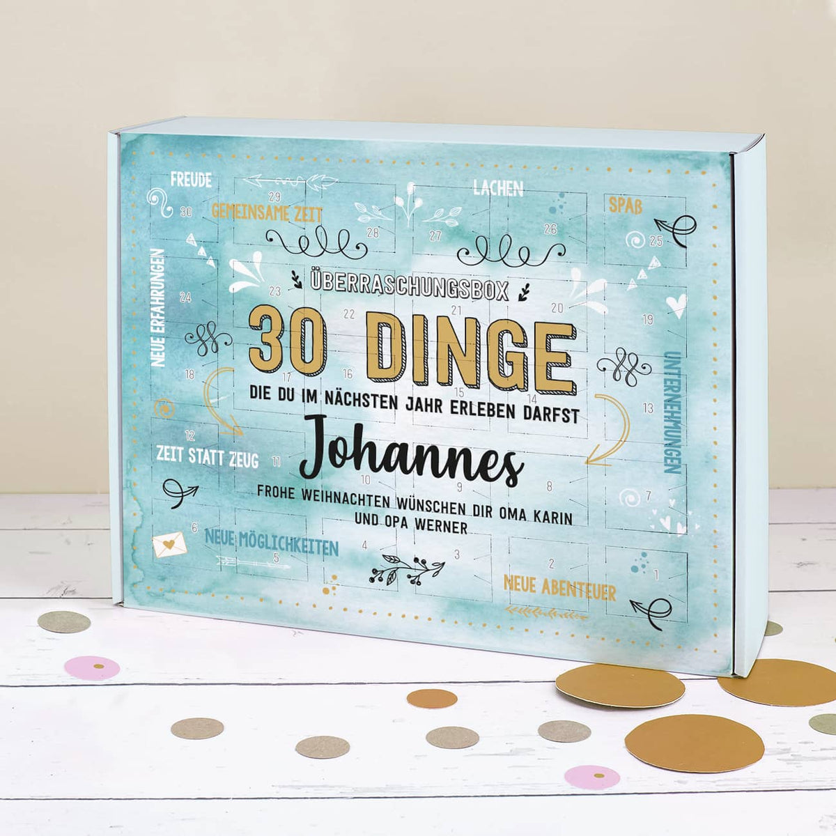 30 Dinge - Überraschungsbox zum selbst befüllen mit Name und Wunschtext bedruckt