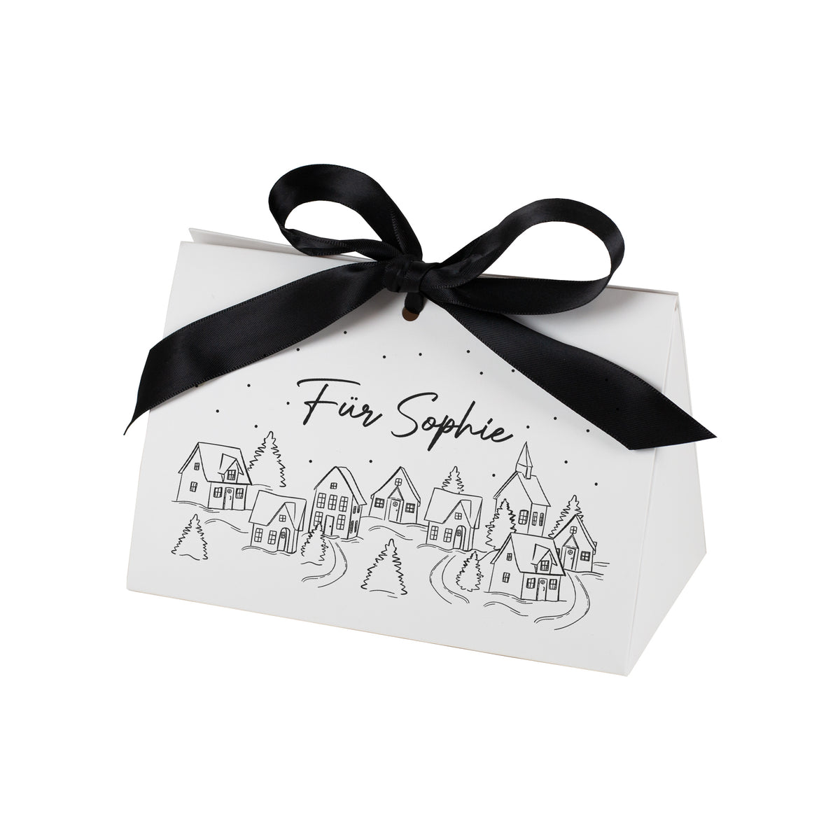 Freigestellte Geschenktasche in kleinster Größe mit Winterdorf-Motiv und Text „Für Sophie“, fotografiert vor weißem Studiohintergrund.