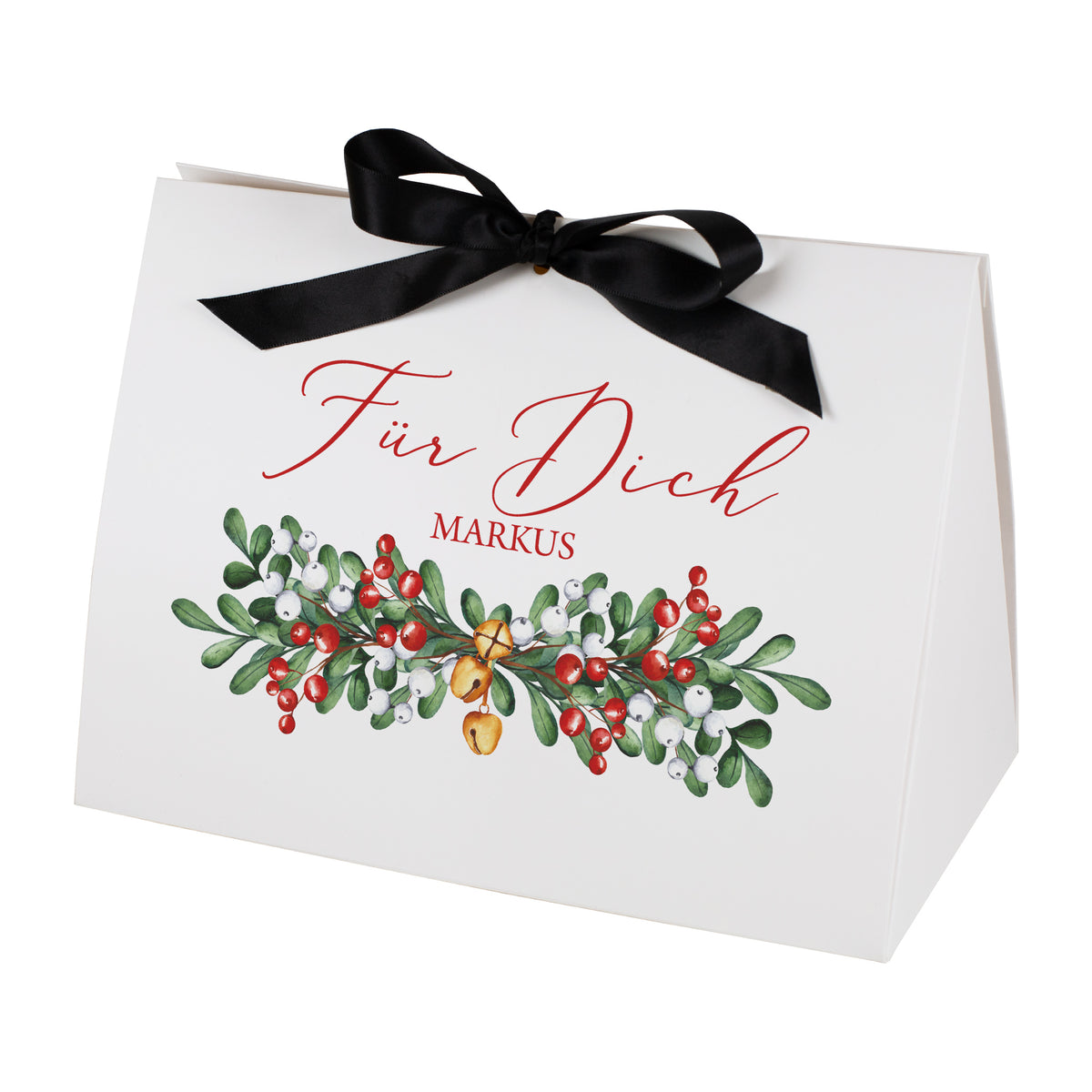 Freigestellte große Weihnachts-Geschenktasche mit Aufdruck „Für Dich Markus“, Zweigmotiv und schwarzer Satinschleife