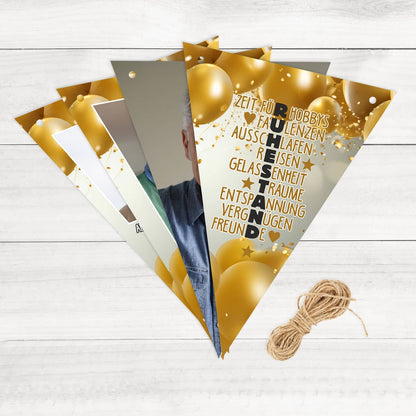 Girlande mit goldenem Ballonmotiv und Fotos zur Rente